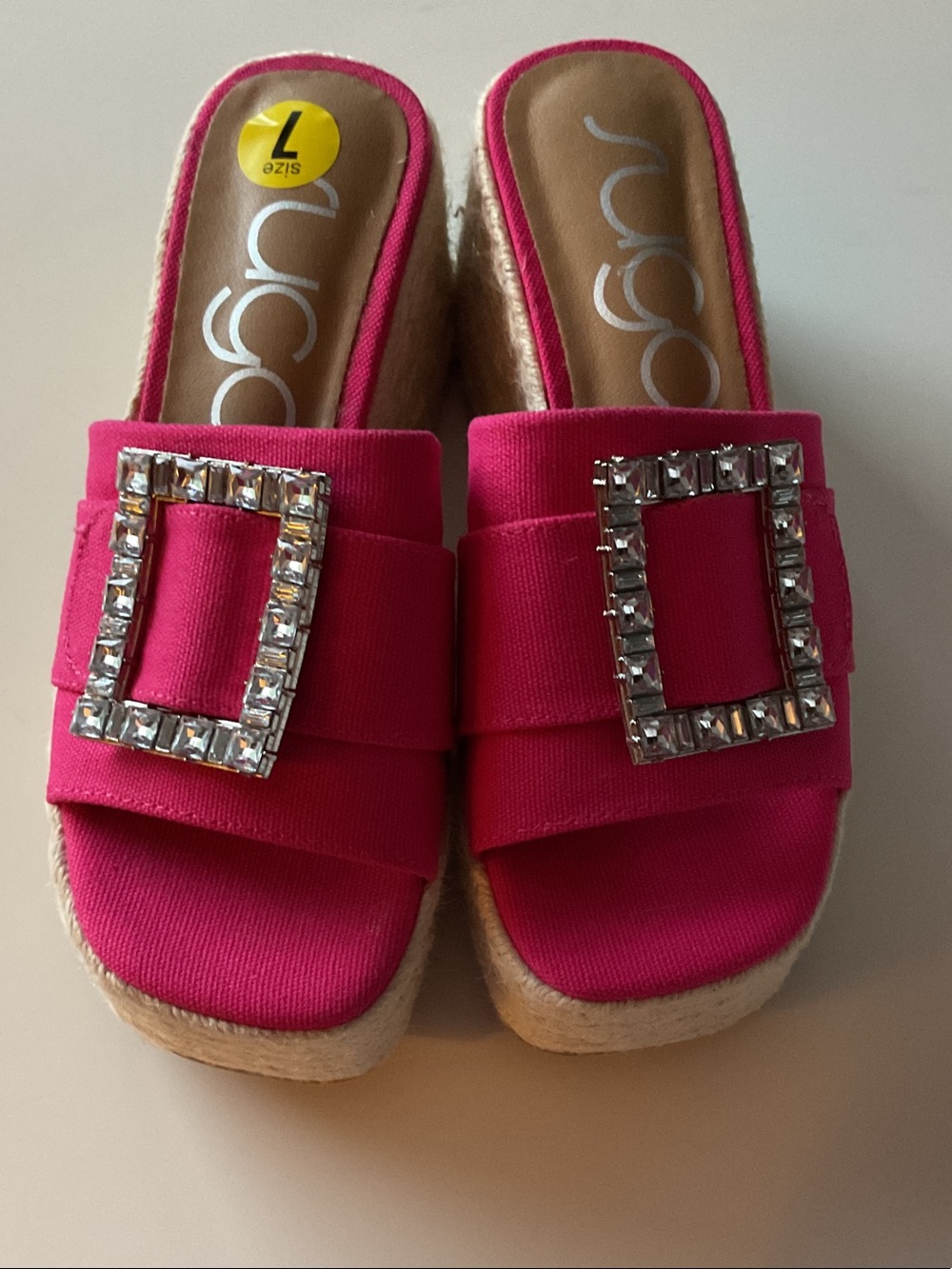Sugar Hot Pink Crystal Buckle Espadrille Slide Wedges